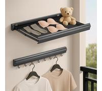 Todeco Sechoir Linge Mural Rétractable avec Étagère Filet & 8 Crochets, Etagere Salle De Bain, Étendoir à Linge Design Pliable Invisible, Rail À Crochets pour Buanderie, Salle de Bain, Balcon Cuisine