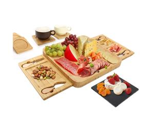 Todeco Set Plateau À Fromage En Bambou, Plateau À Fromage Avec Ensemble Couteau Et Fourchette Et Tiroir Coulissant, 1 Ardoise Et 4 Dessous De Verre