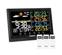 Todeco Station météo sans fil avec 3 capteurs extérieurs - Thermomètre numérique LCD - RCC - Humidité Baromètre Réveil Prévisions météorologiques et Snooze Affichage Heure Date