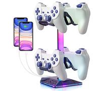Todeco Support Casque Gamer RGB, Support Manette de Jeu, 2 Ports USB | 10 modes RGB, commande tactile, recharge 2 téléphones, support pour casques ou 4 manettes