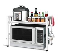 Todeco Support de Four à Micro-Ondes Extensible, Etagere Rangement Cuisine Four à Micro Ondes, Multifonction Meuble de Rangement en Métal, avec 6 Crochets Charge 25 Kg,(36-60) x36 x44 cm, Blanc