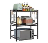 Todeco Support de Four à Micro-Ondes Extensible, Etagere Rangement Cuisine Four à Micro Ondes, Multifonction Meuble de Rangement en Métal, avec 6 Crochets, (39-60) x32x78cm, 3-Tier Noir