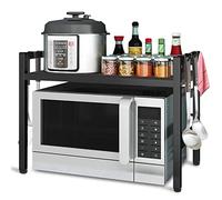 Todeco Support de Four à Micro-Ondes Extensible, Porte-épices, Multifonction Meuble de Rangement pour la Cuisine, avec 6 Crochets Charge 25 Kg, (36-60) x36 x44 cm, Noir