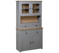 Todiikf Buffet haut en bois massif gris naturel 93 x 40,5 x 180 cm | Buffet rustique pour salon et salle à manger avec 2 portes en verre, 4 tiroirs et étagère ouverte.