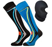 TODO 2 Paires - Chaussettes de Ski Homme Femme - 50% Laine Mérinos - Chaussettes Thermiques Chaudes + Cagoule Ski Thermique - dans Un Ensemble (43-46, 2 Paires: Noir-Bleu + Cagoule)