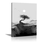 TODOAA Art mural amusant en forme de Tableau sur Toile Affiche de coucher de soleil de Tree Mountain Toile en noir et blanc - Décoration de salle de bain et chambre à coucher-40x60cm Encadrée