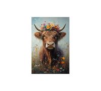 TODOAA Bain Tableau décoratif animal Affiche fleurie rétro de vache Impression sur toile Décoration murale - d'œuvres d'art pour Le Bureau à Domicile Moderne(Marron)-60x90cm Sans cadre