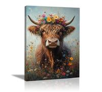 TODOAA Bain Tableau décoratif animal Affiche fleurie rétro de vache Impression sur toile Décoration murale - d'œuvres d'art pour Le Bureau à Domicile Moderne(Marron)-30x40cm Encadrée