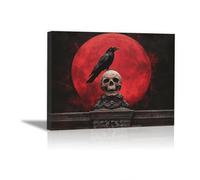 TODOAA Halloween impressions d'art mural vintage Horreur Crâne Corbeau Peinture Maison,Salon, Bureau Mordern Décor, HD Affiche Mur Art Cadeau d'Halloween(rouge)-30x40cm Encadrée