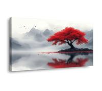 TODOAA Tableau Décoration Murale Salon arbre de vie Peintures Montagne du lac Tree Image sur Toile Murale pour Chambre- Maison Bain affiche Impression(Rouge)-40x80cm Encadrée