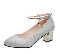 Toe High Round Heels Fashion Wedding Women's Chunky Heels Work Shoes Solid Women's High Heels (Silver, 39)