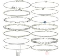 TOEECY 14 Pcs Bracelet Cheville Femme Or Réglable Couches Multiples Styles Argent Cheville Bracelets Or Chaîne Boho Plage Chevillère Bijoux Pied Ensemble Pour Femmes et Filles Argent