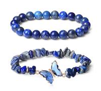 TOEECY 2 Pièces Bracelet Lapis Lazuli Naturel Papillon Cristal Bijoux Femme Élastique Pierre Précieuse Perles Rondes Accessoire Main