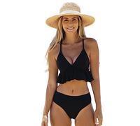 TOEECY 2 Pièces Maillot de Bain Femme Ourlet à Volants Bikini Set Push Up Taille Haute Maillot Elégant Amincissante Shorty Deux Pièces Ensemble de Plage Tenue Tankini Swimwear (Noir,M)