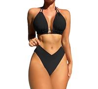 TOEECY 2 Pièces Maillot de Bain Femme Ruched Découpe Bikini Set Push Up Taille Haute Maillot Elégant Amincissante Shorty Deux Pièces Ensemble de Plage Tenue Tankini Swimwear (Noir,XL)