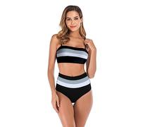 TOEECY 2 Pièces Maillot de Bain Femme Stripe Bikini Set Push Up Taille Haute Maillot Elégant Amincissante Shorty Deux Pièces Ensemble de Plage Tenue Tankini Swimwear (Noir,M)