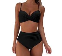 TOEECY 2 Pièces Maillot de Bain Femme V-Cou Froncé Croisé Bikini Set Push Up Taille Haute Maillot Elégant Amincissante Shorty Deux Pièces Ensemble de Plage Tenue Tankini Swimwear (Noir,L)