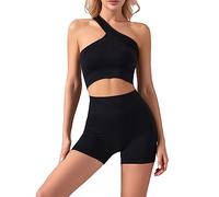 TOEECY 2 Pièces Survêtement de Sport pour Femme Ensembles Une épaule Soutien-Gorge Débardeur Crop Top Legging Taille Haute Shorts Fitness Jogging Sportswear de Yoga Gym Outfit (Noir,L)