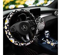 TOEECY 3 Pièces Ensemble Housse Volant Voiture Motif Marguerite Couvre Volant Automobile Accessoire Intérieur Protection Décoration Universelle