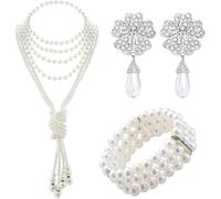 TOEECY 3 Pièces Parure de Bijoux en Perles en Plastique Longues Boucles D'oreilles Collier Perle Blanche Bracelet Parure Bijoux Mariage 1920 Accessoires Weiß