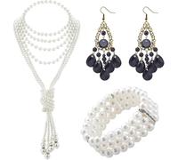 TOEECY 3 Pièces Parure de Bijoux en Perles en Plastique Longues Boucles D'oreilles Collier Perle Blanche Bracelet Parure Bijoux Mariage 1920 Accessoires Schwarz