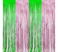 TOEECY 4 Pièces Rideau Métallique Brillant Rideau Tinsel Rideau Brillant Métallique de Frange Paillette Rideau Lamelles pour Anniversaire Fete Mariage Porte Fenêtre Décoration (Vert+Rose)