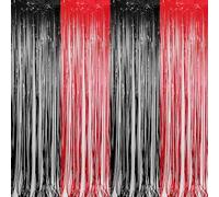 TOEECY 4 Pièces Rideau Métallique Brillant Rideau Tinsel Rideau Brillant Métallique de Frange Paillette Rideau Lamelles pour Anniversaire Fete Mariage Porte Fenêtre Décoration (Noir+Rouge)