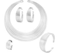 TOEECY 5 Pièces Africain National Déclaration Parure Bijoux Femme Bib Collier Bracelet Manchette Ensemble Cerceau Boucles d'oreilles Bagues Africaine Mariage Bijoux (Argent)