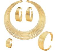 TOEECY 5 Pièces Africain National Déclaration Parure Bijoux Femme Bib Collier Bracelet Manchette Ensemble Cerceau Boucles d'oreilles Bagues Africaine Mariage Bijoux (Or)