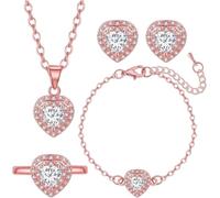 TOEECY 5 Pièces Parure Bijoux Cœur Cristal Zirconium Collier Boucles D'oreilles Bracelet Bague Ensemble Élégant Brillant Argent