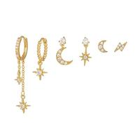 TOEECY 6 Pièces Boucles D'oreilles Lune Étoile Zircon Brillant Argent Créoles Asymétriques Cristal Élégantes Bijoux Femme