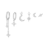 TOEECY 6 Pièces Boucles D'oreilles Lune Étoile Zircon Brillant Argent Créoles Asymétriques Cristal Élégantes Bijoux Femme