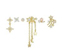 TOEECY 6 Pièces Boucles D'oreilles Lune Étoile Zircon Brillant Argent Créoles Asymétriques Cristal Élégantes Bijoux Femme