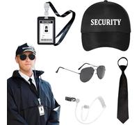 TOEECY 6 Pièces Ensemble Costume Agent Sécurité Professionnel Casquette Lunettes Aviateur Badge Cravate Oreillette Déguisement Adulte