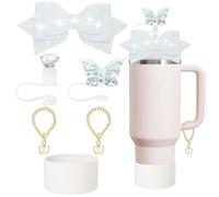 TOEECY 6 Pièces Ensemble Décoratif Nœud Papillon Pailleté Accessoires Tasse Isotherme Base Silicone Protection Gobelet Pendentifs Papillon Brillant