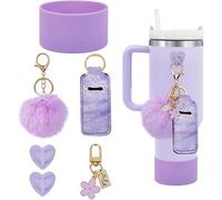 TOEECY 6 Pièces Ensemble Paille Réutilisable Silicone Manchon Protecteur Porteclés Pompon Fleur Accessoires Tasse Bouteille