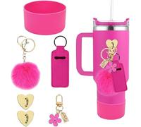 TOEECY 6 Pièces Ensemble Paille Réutilisable Silicone Manchon Protecteur Porteclés Pompon Fleur Accessoires Tasse Bouteille