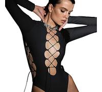 TOEECY Body à Manches Longues pour Femme Col Fond V Découpes Résille Laçage Stretch Bodysuit Jumpsuit Élégante Combinaison Sexy Slim Justaucorps Casual Combishort (Noir,M)