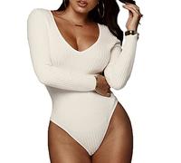 TOEECY Body à Manches Longues pour Femme Col Fond V Stretch Jersey Basique Bodysuit Jumpsuit Élégante Combinaison Sexy Slim Couleur Unie Justaucorps Casual Combishort (Blanc,XL)
