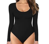 TOEECY Body à Manches Longues pour Femme Col Rond Stretch Basique Bodysuit Jumpsuit Élégante Combinaison Sexy Slim Justaucorps Combishort (Noir,M)