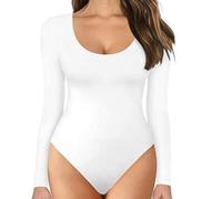 TOEECY Body à Manches Longues pour Femme Col Rond Stretch Basique Bodysuit Jumpsuit Élégante Combinaison Sexy Slim Justaucorps Combishort (Blanc,XXL)