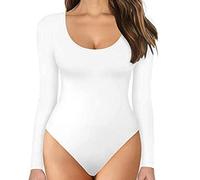 TOEECY Body à Manches Longues pour Femme Col Rond Stretch Basique Bodysuit Jumpsuit Élégante Combinaison Sexy Slim Justaucorps Combishort (Blanc,M)