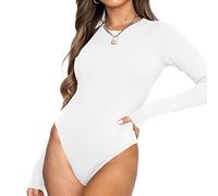 TOEECY Body à Manches Longues pour Femme Col Rond Stretch Basique Bodysuit Jumpsuit Élégante Combinaison Sexy Couleur Unie Justaucorps Bodys Combishort (Blanc,S)