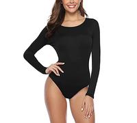 TOEECY Body à Manches Longues pour Femme Col Rond Stretch Basique Bodysuit Jumpsuit Élégante Combinaison Sexy Couleur Unie Justaucorps Bodys Combishort (Noir,M)