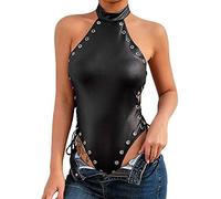 TOEECY Body Femme sans Manche Col Montant Bodysuit Lacets Latéraux Bodys Effet Cuir Moulant Top Halter Élégant Vêtement Mode tendance pour Soirée Clubwear