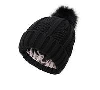 TOEECY Bonnet Femme Hiver Chaud Bonnet Tricoté avec Pompon en Fausse Fourrure Épais Souple Tricot Chapeau Satin Doublé Protéger la Coiffure Mode Slouchy Bobble Beanie (Noir)