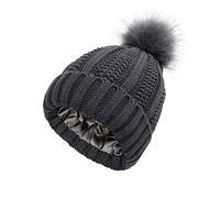 TOEECY Bonnet Femme Hiver Chaud Bonnet Tricoté avec Pompon en Fausse Fourrure Épais Souple Tricot Chapeau Satin Doublé Protéger la Coiffure Mode Slouchy Bobble Beanie (Gris Foncé)