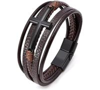 TOEECY Bracelet Croix Multicouche Cuir Tressé Homme Fermoir Magnétique Ajustable Bijou Poignet Élégant