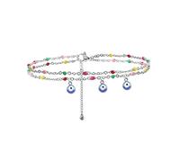 TOEECY Bracelet de Cheville Double Chaîne Amulette Portebonheur Perles Multicolores Charmes Bleus Bijou Estival