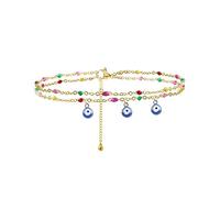 TOEECY Bracelet de Cheville Double Chaîne Oeil Portebonheur Multicolore Perles Colorées Bijou Cheville Femme Charme Protection